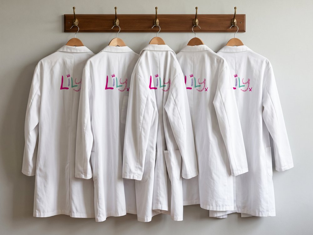 Five white lab coats with Lily Foundation logos on hanging up on hooks on a wall