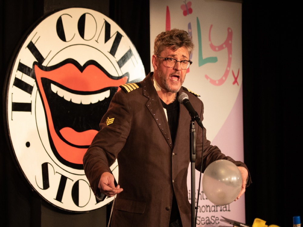 Comic Joe Pasquale on stage at the Lily Comedy Night