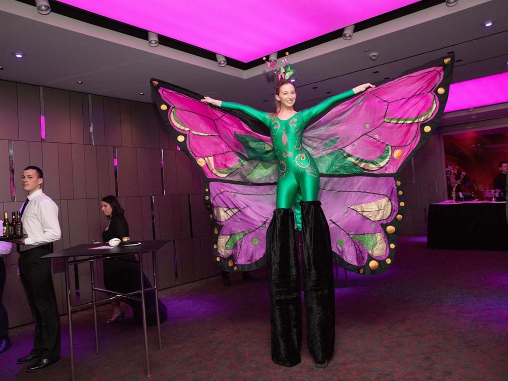 A lady in a green catsuit with pink butterfly wings held out