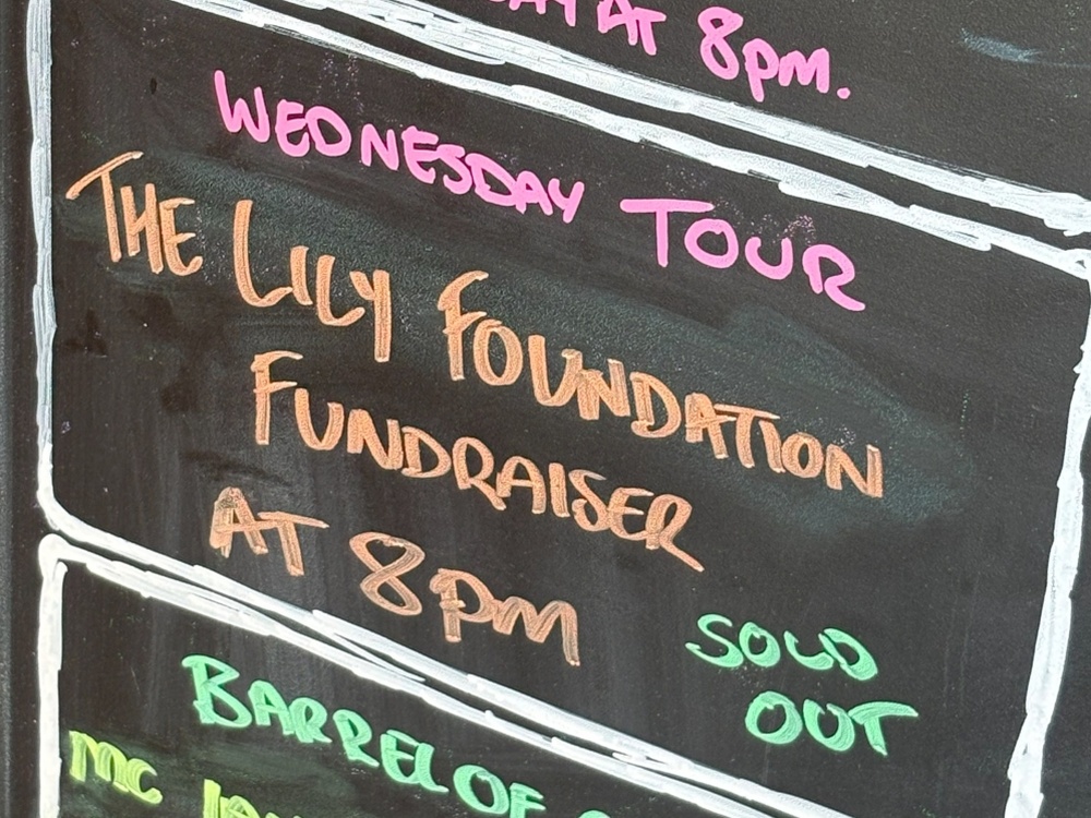 Sign outside the Frog and Bucket in Manchester advertising The Lily Foundation fundraiser