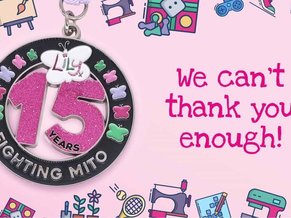 Celebrating 15 years of... Lily sports events! - Graphic illustration of a Lily Foundation 15 years medal with the message We can't thank you enough