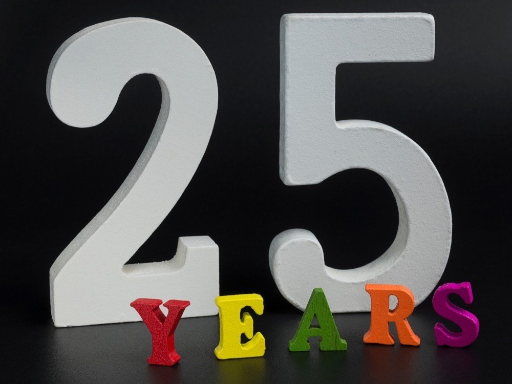 A large white number 25 with the word years spelled out in colour in front