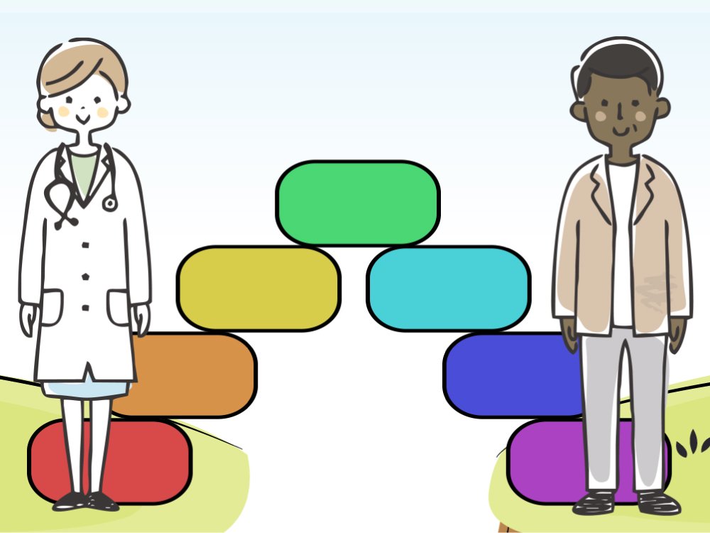 Illustration of a bridge of coloured blocks between a scientist and a patient