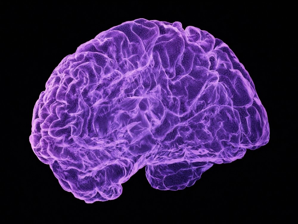 A silhouette of a human brain in purple on a black background