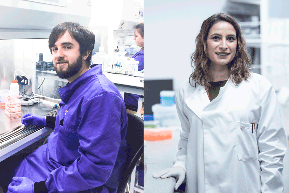 two headshots. One of a man with dark hair and a beard and moustache wearing a blue lab coat sat infromt of a laboratory airflow cabinet. The second is a women in a white lab coat with shoulder length brown wavey hair